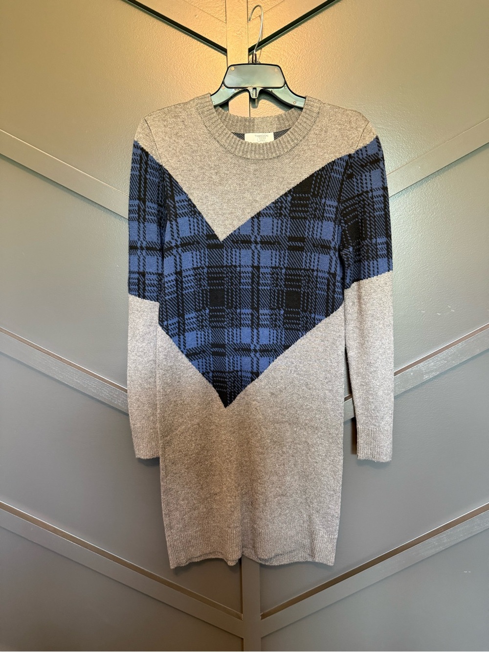 ☀️🌊Thakoon Gray cashmere and wool blend Sweater Dress with Blue Chevron Plaid